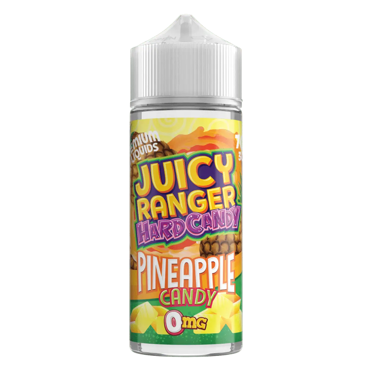 Juicy Ranger Hard Candy pineapple flavored e-liquid bottle with 0mg nicotine, colorful packaging