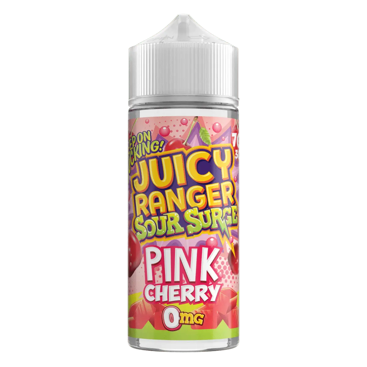 Juicy Ranger Sour Surge Pink Cherry e-liquid bottle with colorful fruit-themed label and 0mg nicotine