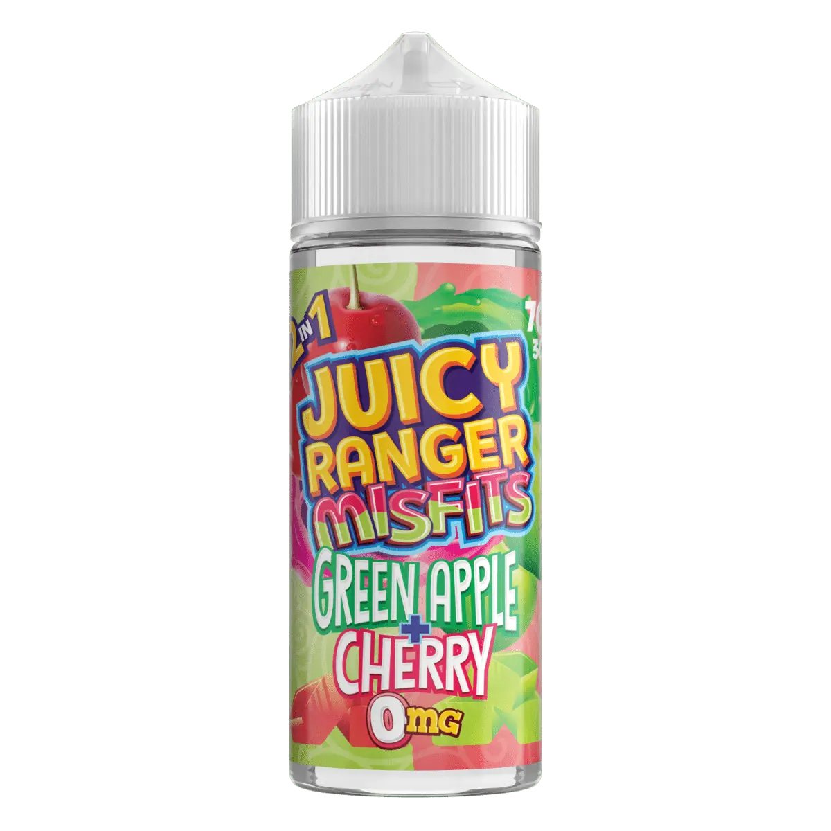 Juicy Ranger Misfits Green Apple and Cherry flavored e-liquid bottle with 0 mg nicotine