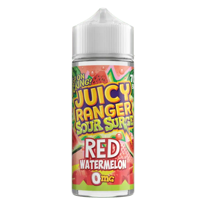 Juicy Ranger Sour Surge Red Watermelon flavored vape juice bottle with 0mg nicotine