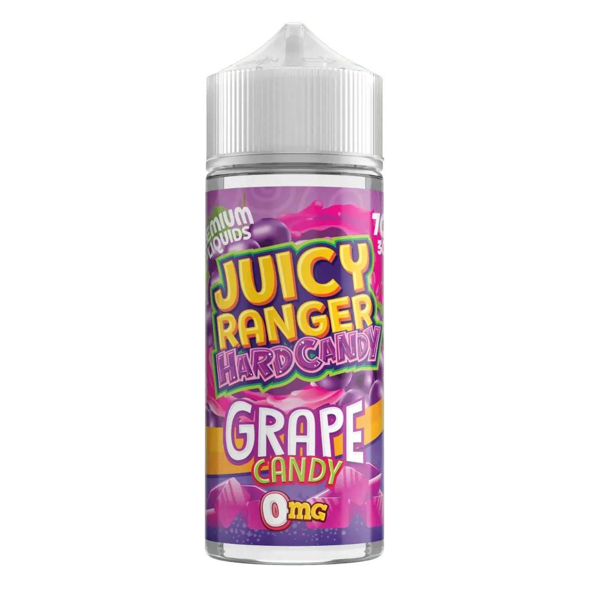 Juicy Ranger Hard Candy grape flavor e-liquid bottle with 0mg nicotine and colorful purple label