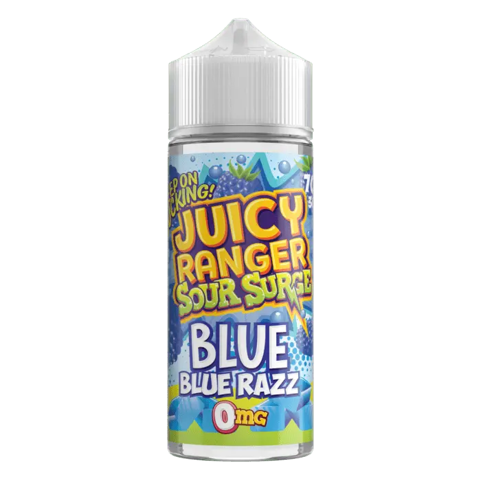 Juicy Ranger Sour Surge Blue Blue Razz 0mg e-liquid bottle with colorful berry design