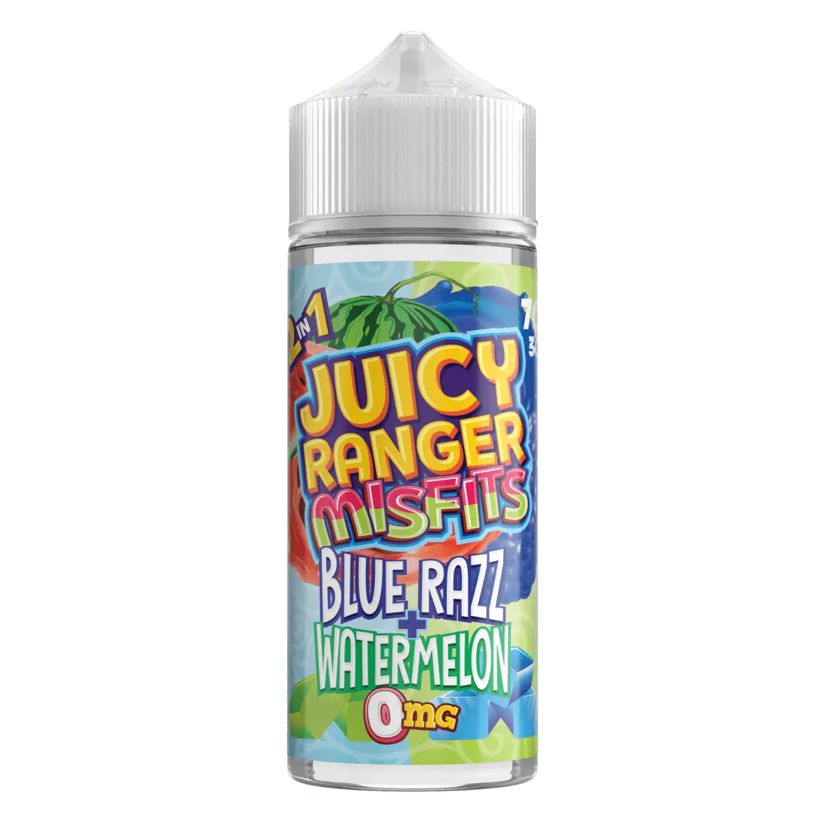 Juicy Ranger Misfits e-liquid bottle with Blue Razz and Watermelon flavor, 0mg nicotine