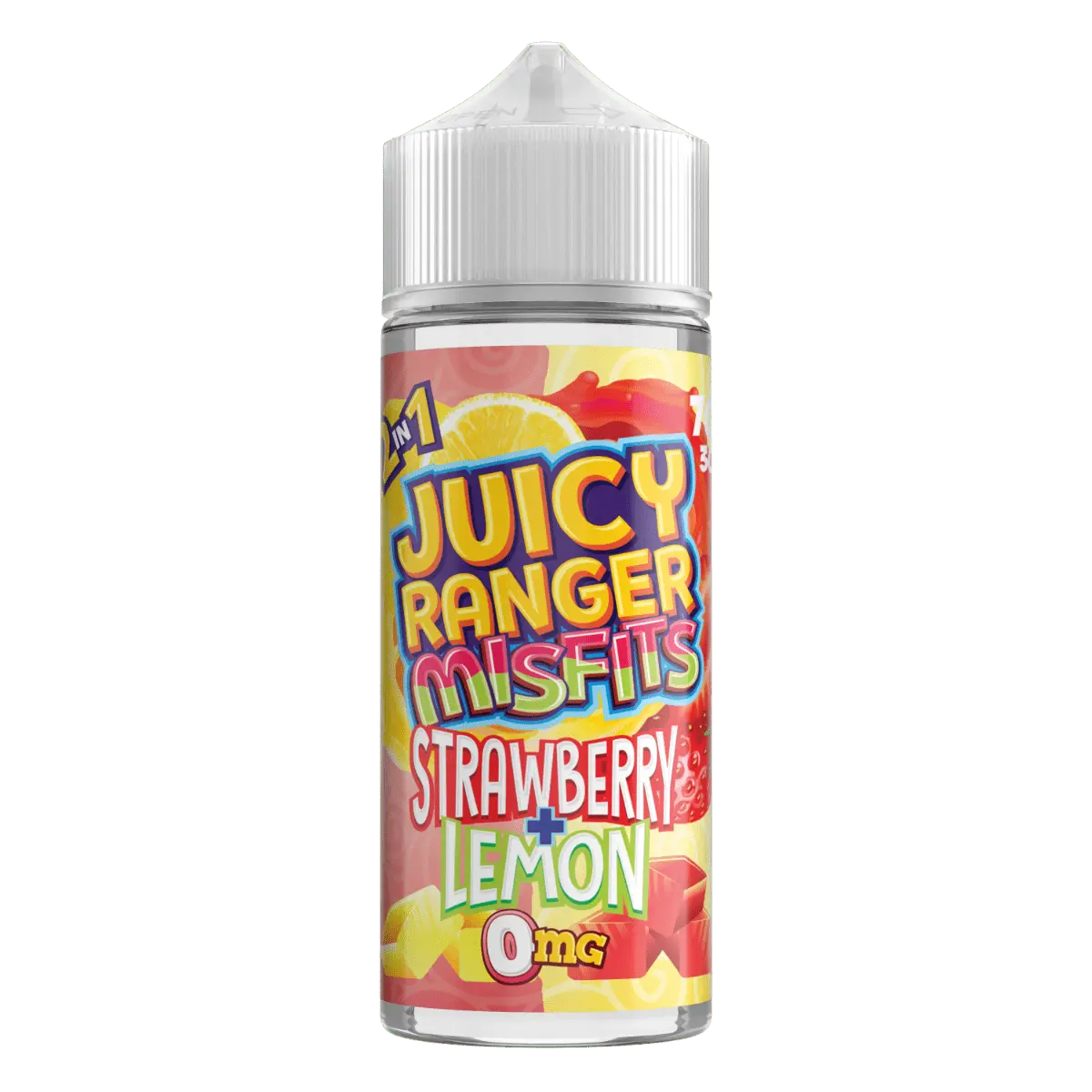 Juicy Ranger Misfits Strawberry Lemon e-liquid bottle with colorful fruit-themed label and 0mg nicotine