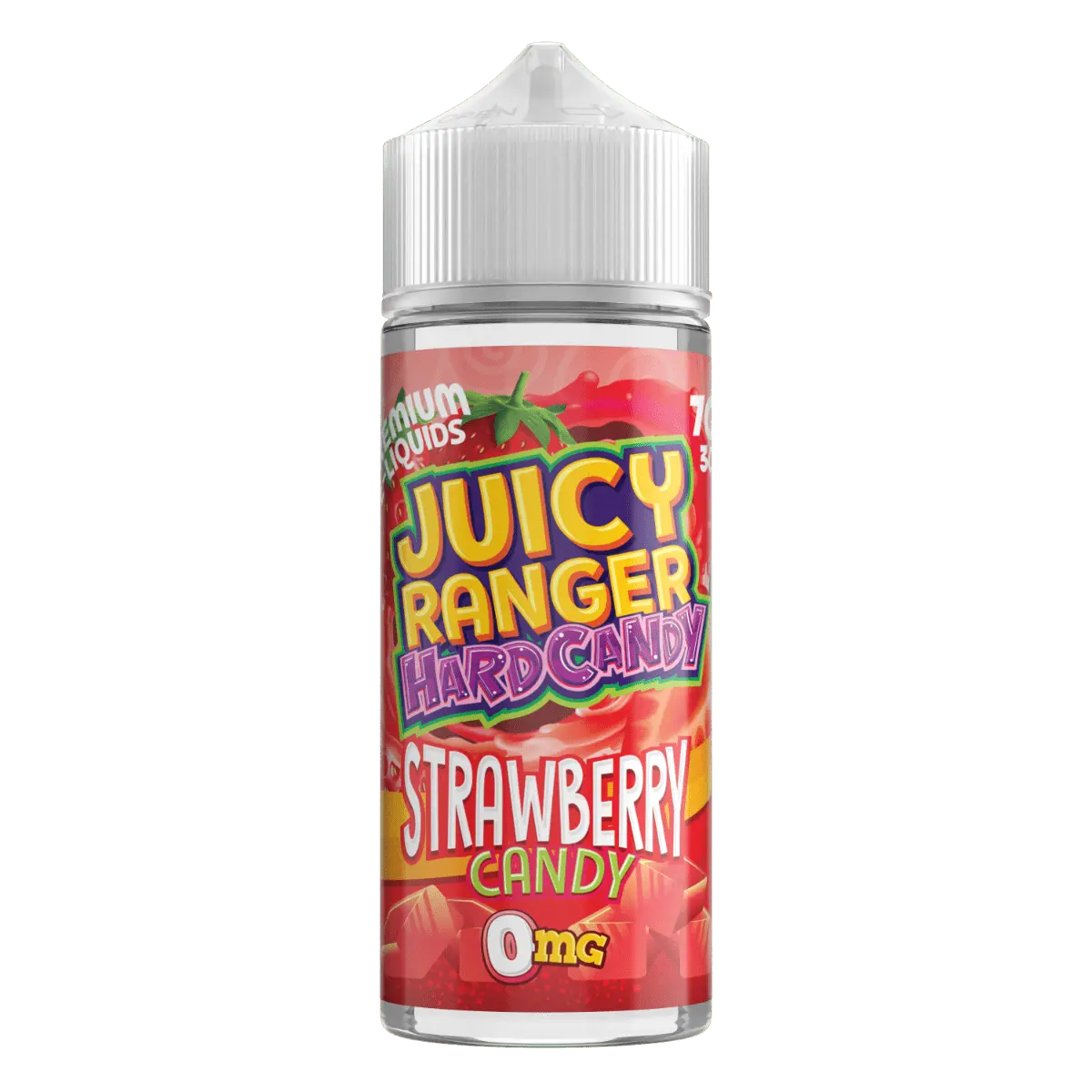 Juicy Ranger Hard Candy Strawberry Candy e-liquid bottle with zero mg nicotine, colorful label