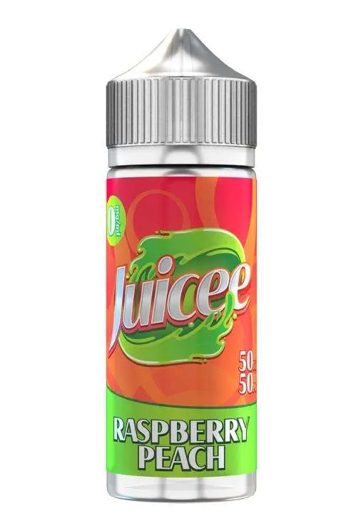 Juicee brand e-liquid bottle with raspberry peach flavor, colorful label, silver cap