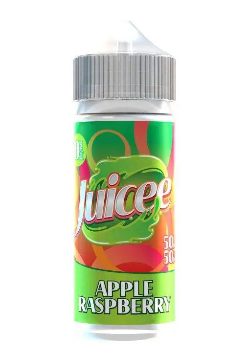 Juicee Apple Raspberry flavored e-liquid bottle with colorful green and orange label and gray cap