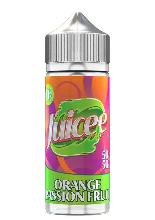 Juicee Orange Passion Fruit e-liquid vape juice bottle with colorful orange and purple label