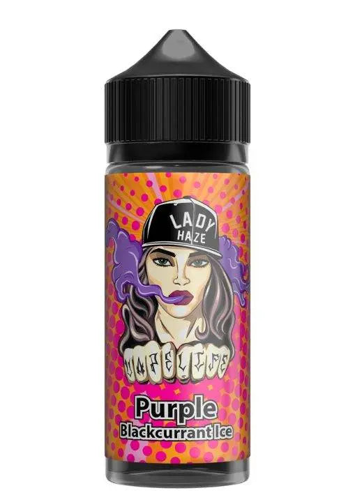 Bottle of Lady Haze Purple Blackcurrant Ice vape juice with vibrant pink and orange label featuring a woman exhaling purple smoke