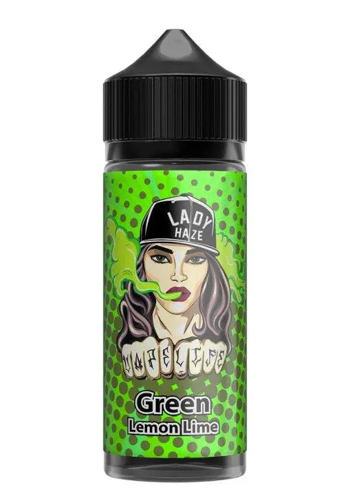 Lady Haze e-liquid bottle with green lemon lime flavor label featuring a woman wearing a black cap