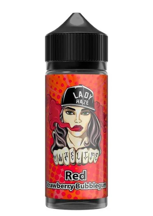 Lady Haze Red Strawberry Bubblegum vape juice bottle with illustrated woman on vibrant red background