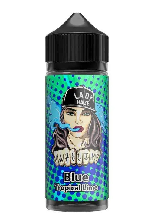 Bottle of Lady Haze Blue Tropical Lime e-liquid with vibrant pop art label featuring a woman exhaling smoke