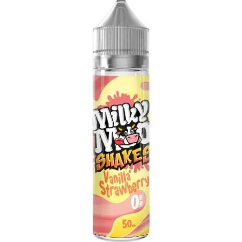 Milky Moo Shakes Vanilla Strawberry 50ml vape juice bottle with colorful pink and yellow label
