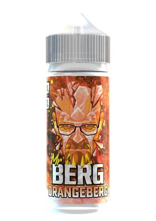 Mr Berg Orangeberg vape juice bottle with abstract fiery face design and grey cap