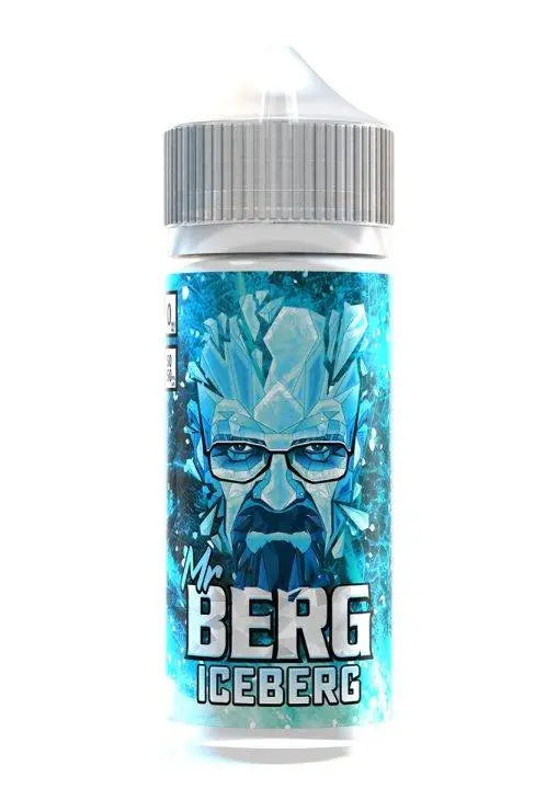 Mr Berg Iceberg vape juice bottle with icy blue cracked glass artwork and face wearing glasses