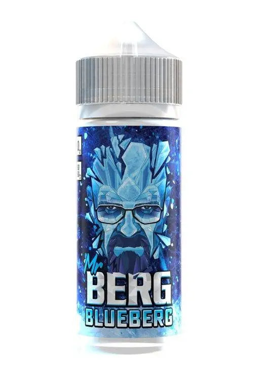 Mr Berg Blueberg e-liquid bottle with icy blue geometric face design and gray cap