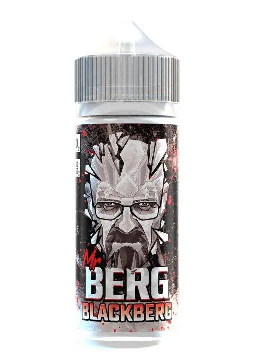 Mr. Berg Blackberg e-liquid bottle with stylized shattered glass face art and gray cap
