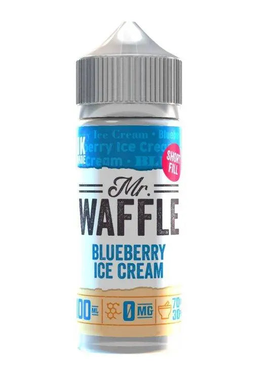 Mr. Waffle Blueberry Ice Cream vape juice bottle with 0mg nicotine, 100ml capacity, and 70/30 VG/PG ratio