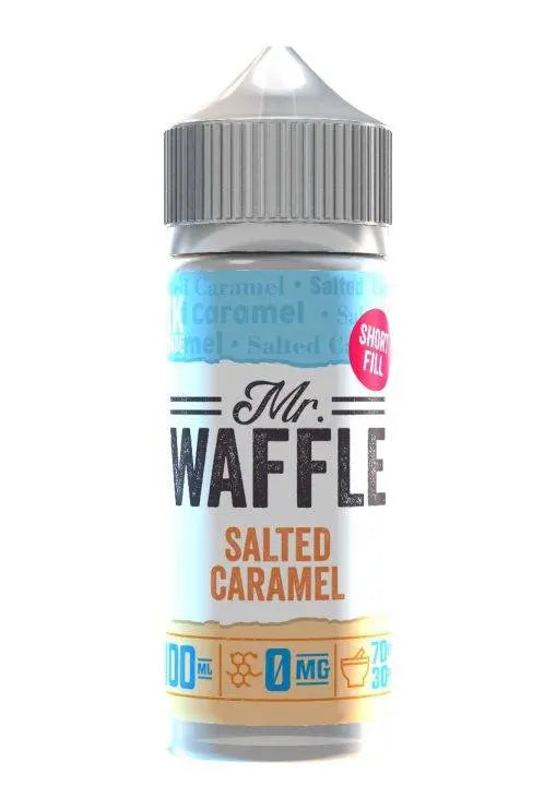 Bottle of Mr. Waffle Salted Caramel flavored e-liquid with gray cap and 100ml size