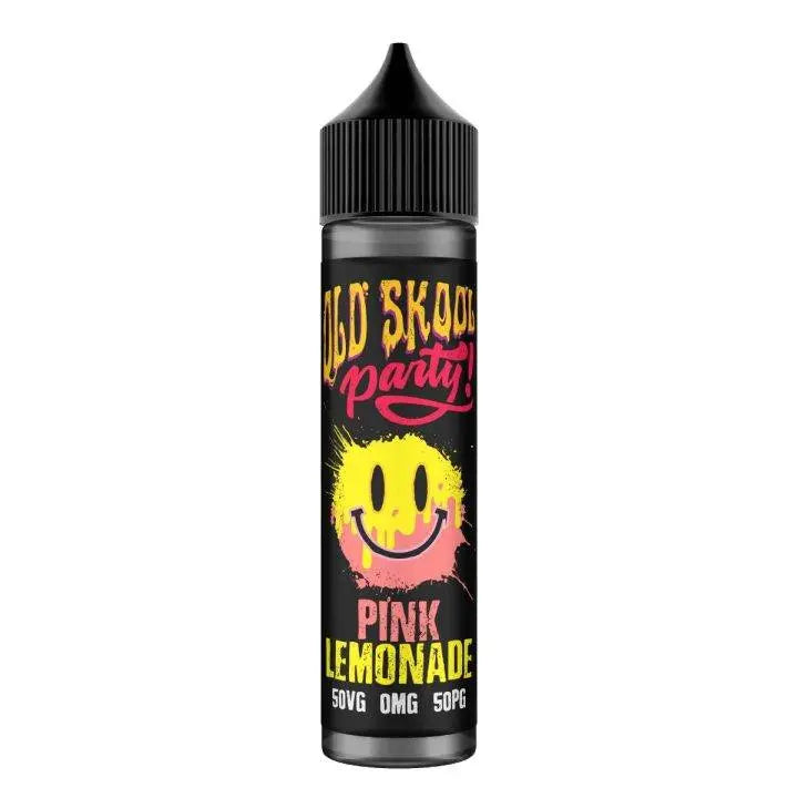 Old Skool Party Pink Lemonade vape juice bottle with yellow and pink smiley face on black background