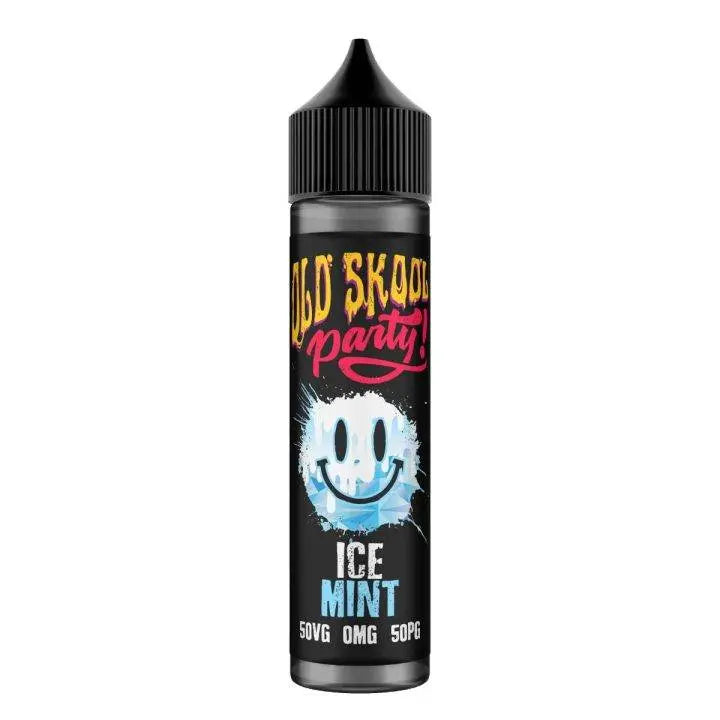 Old Skool Party Ice Mint vape juice bottle with smiley face and 50VG 50PG label