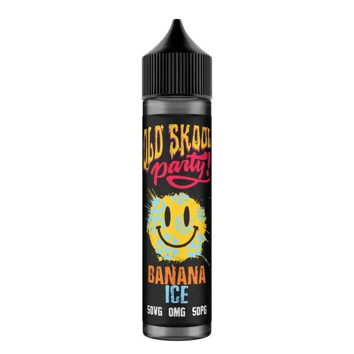 Old Skool Party Banana Ice vape juice bottle with smiley face on black label, 50VG 50PG, 0mg