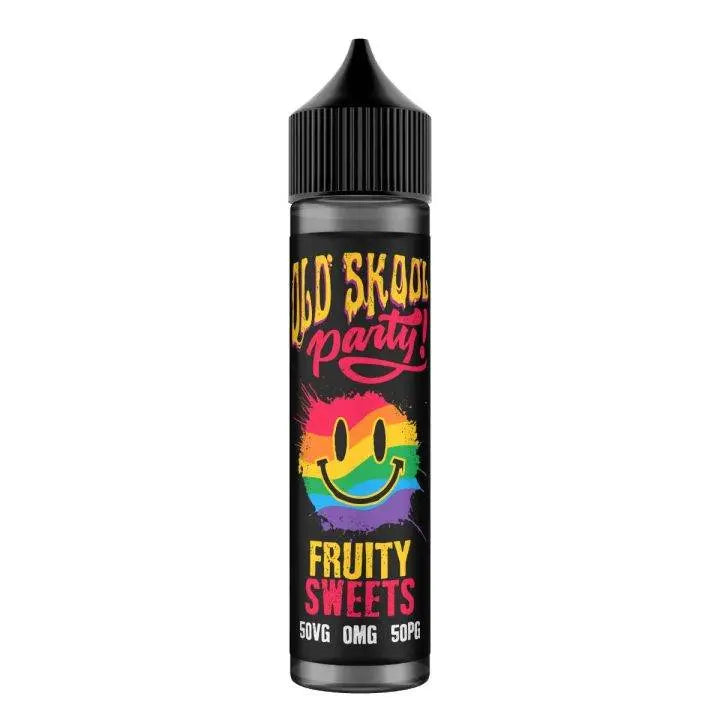 Bottle of Old Skool Party Fruity Sweets vape juice with rainbow smiley face label