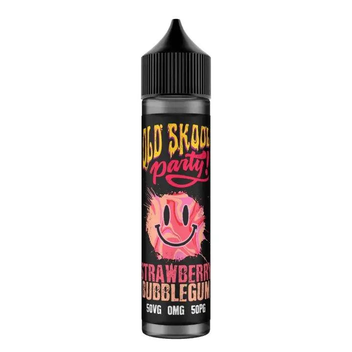 Old Skool Party Strawberry Bubblegum vape juice bottle with smiley face on black label