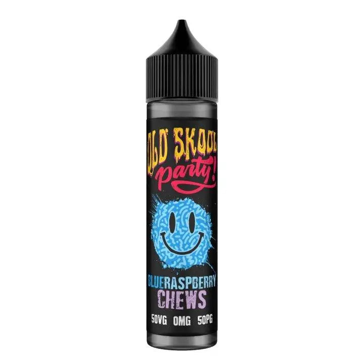 Old Skool Party Blue Raspberry Chews e-liquid bottle with black cap and colorful label