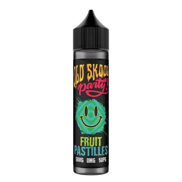 Old Skool Party Fruit Pastilles vape juice bottle with smiling face graphic and 50VG 50PG label