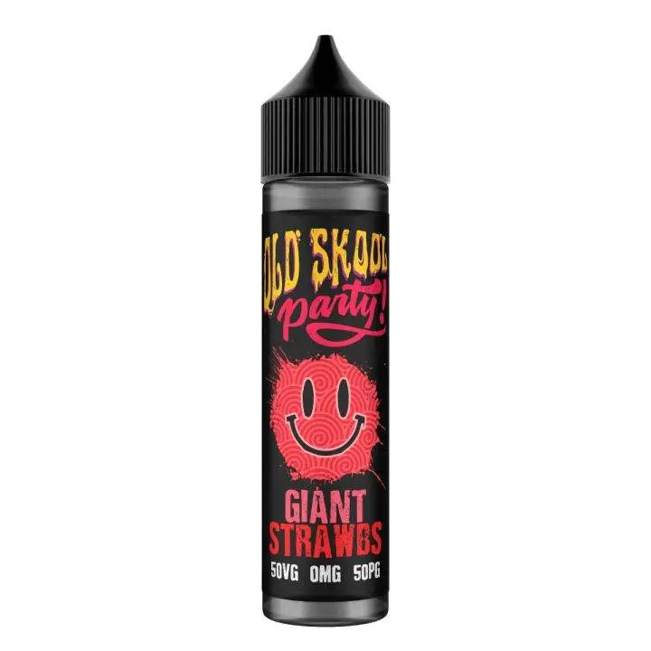 Old Skool Party Giant Strawbs vape juice bottle with black cap and red smiley logo
