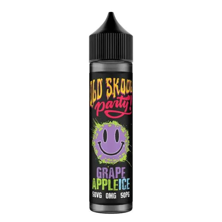 Black vape juice bottle labeled Old Skool Party with grape apple ice flavor and smiley face design