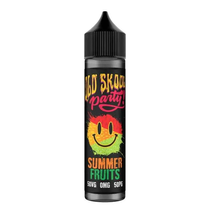 Old Skool Party Summer Fruits vape juice bottle with colorful smiley face and 50VG 50PG label