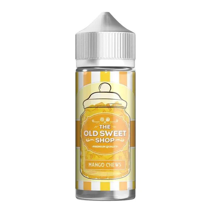 Bottle of The Old Sweet Shop Mango Chews premium quality candy with yellow and white striped label