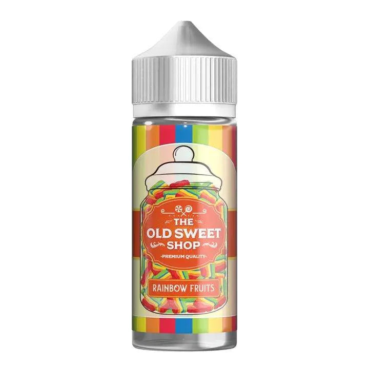 Plastic bottle of The Old Sweet Shop Rainbow Fruits candy mix with colorful striped label