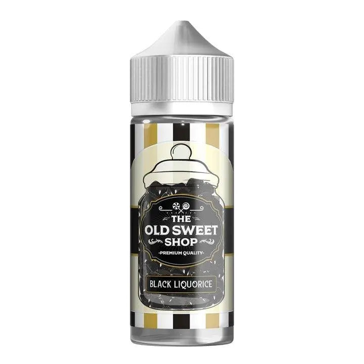 Bottle of The Old Sweet Shop Black Liquorice flavored e-liquid with white cap on white background