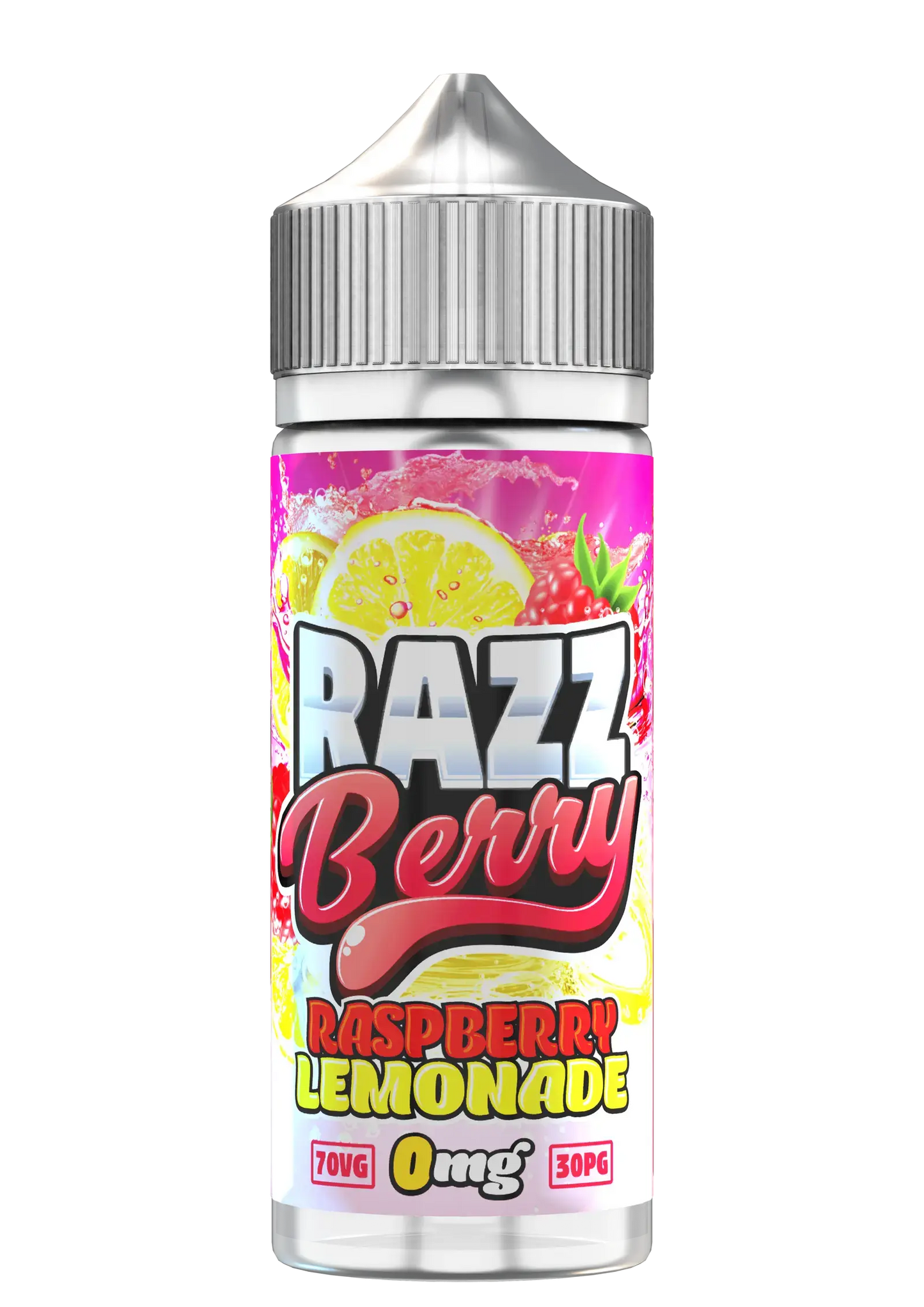 Razz Berry Raspberry Lemonade vape juice bottle with pink label, lemon and raspberry graphics