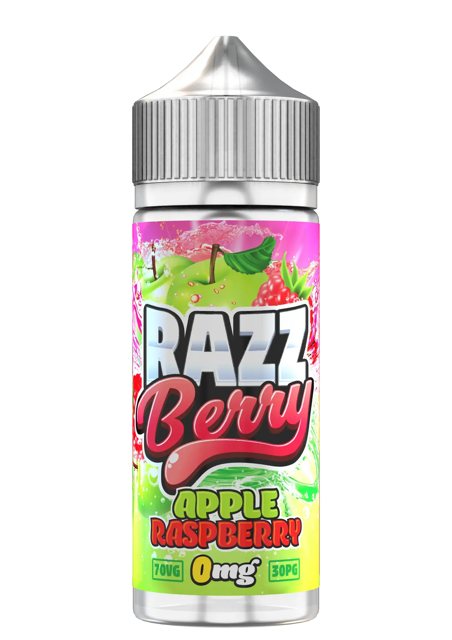 Razz Berry apple raspberry e-liquid bottle with metallic cap, colorful label, 0mg nicotine