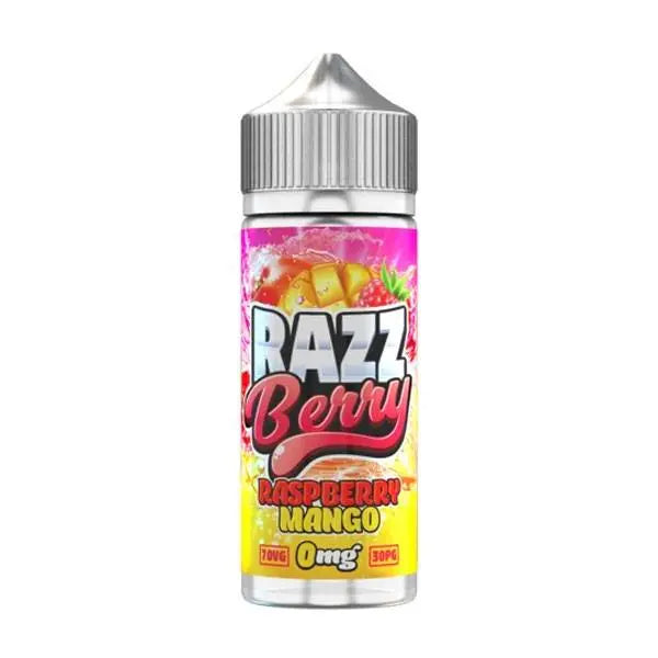 Razz Berry Raspberry Mango e-liquid vape juice bottle with pink and yellow label