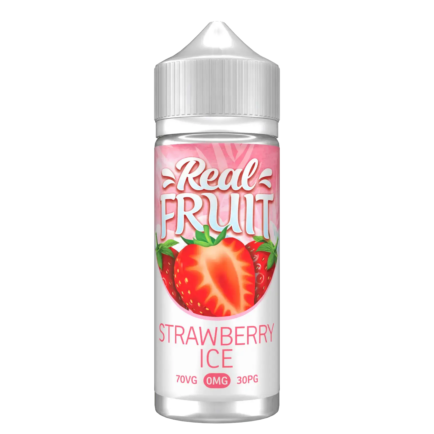 Real Fruit Strawberry Ice e-liquid bottle with strawberry illustration and vape juice details