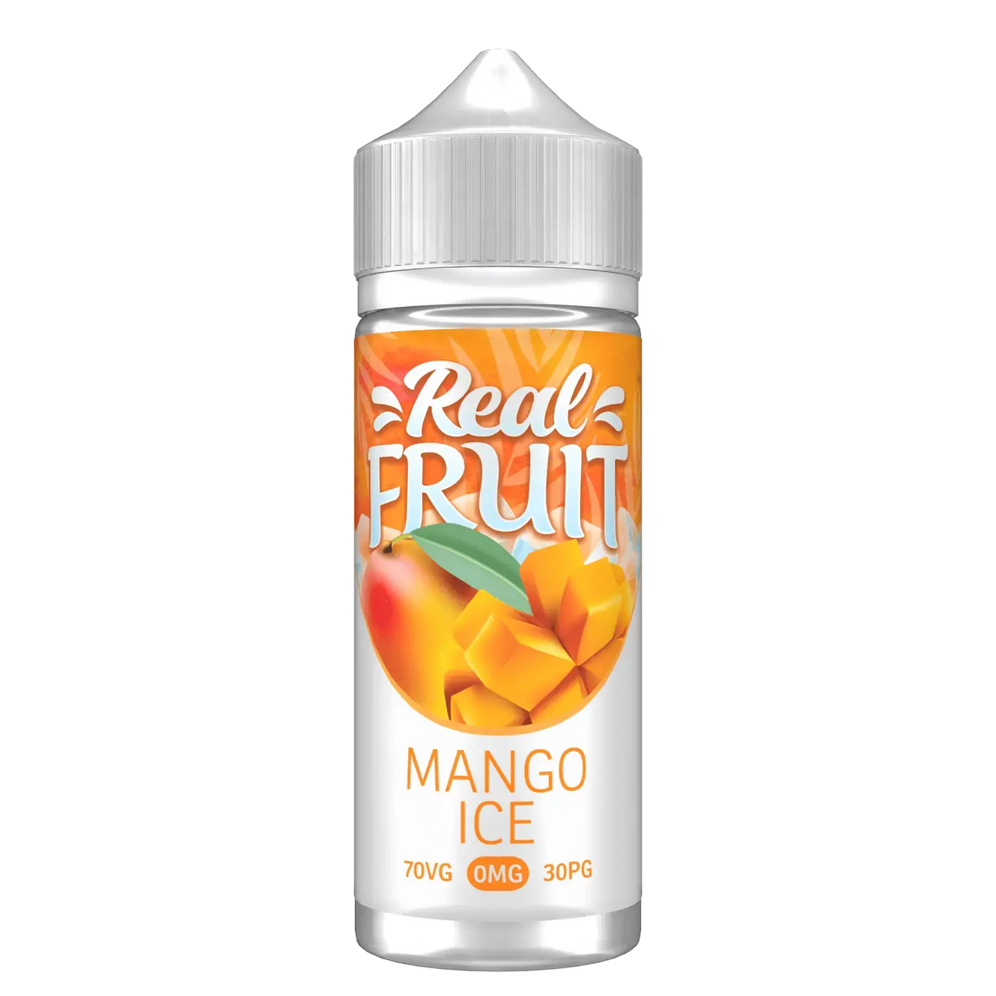 Real Fruit Mango Ice vape juice bottle with 70VG 0MG 30PG label and mango fruit illustration