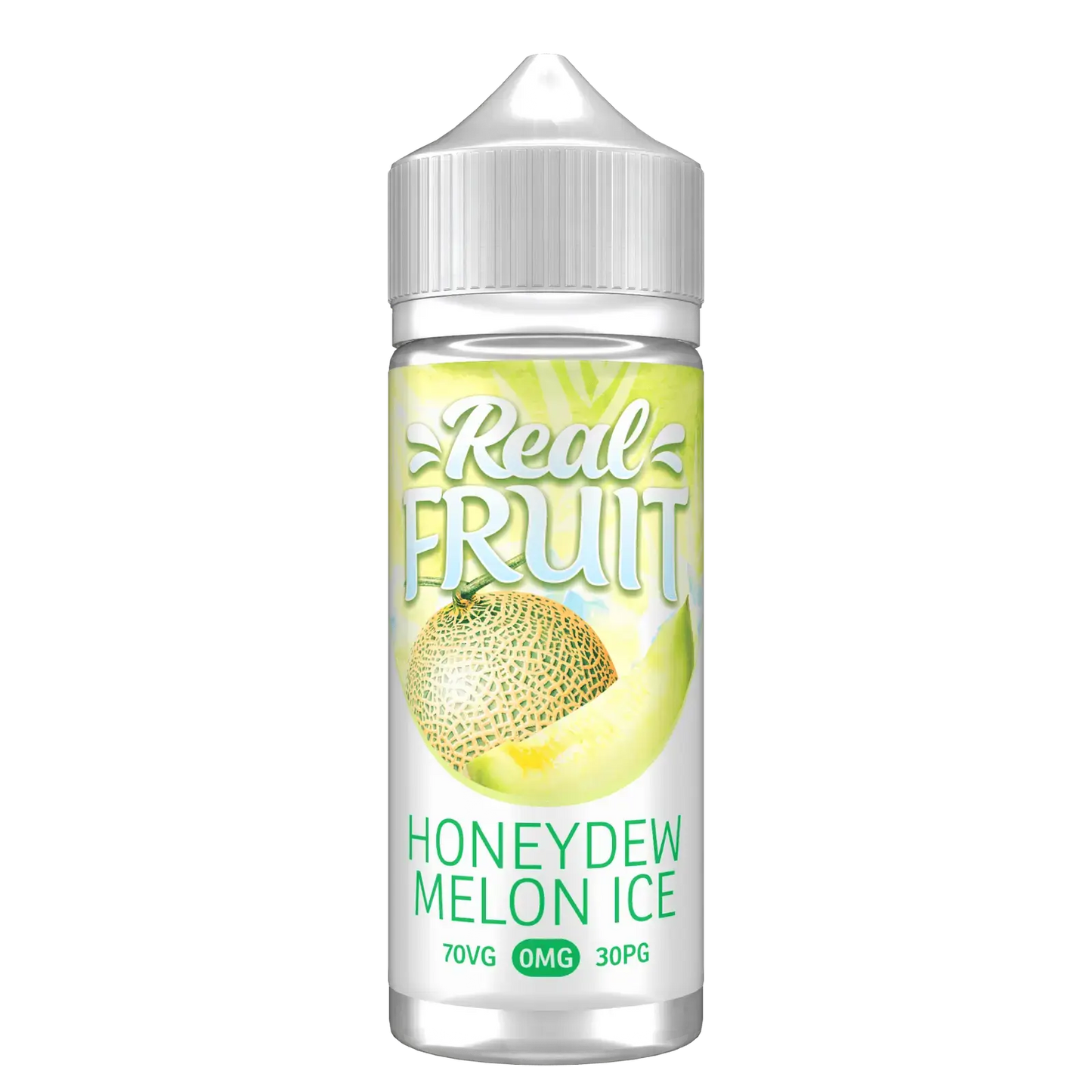 Real Fruit Honeydew Melon Ice vape juice bottle with 70VG 0MG 30PG label and melon illustration