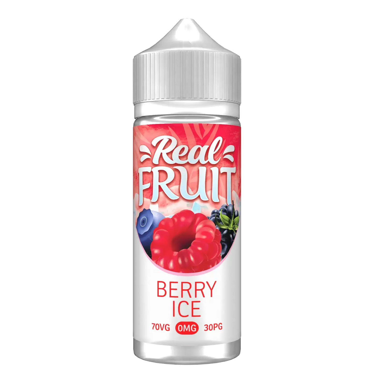 Real Fruit Berry Ice vape juice bottle with raspberry, blueberry, and blackberry illustration