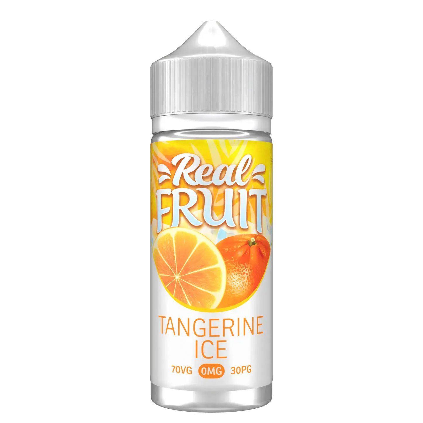Real Fruit Tangerine Ice vape juice bottle with tangerine fruit design and 70VG 30PG blend