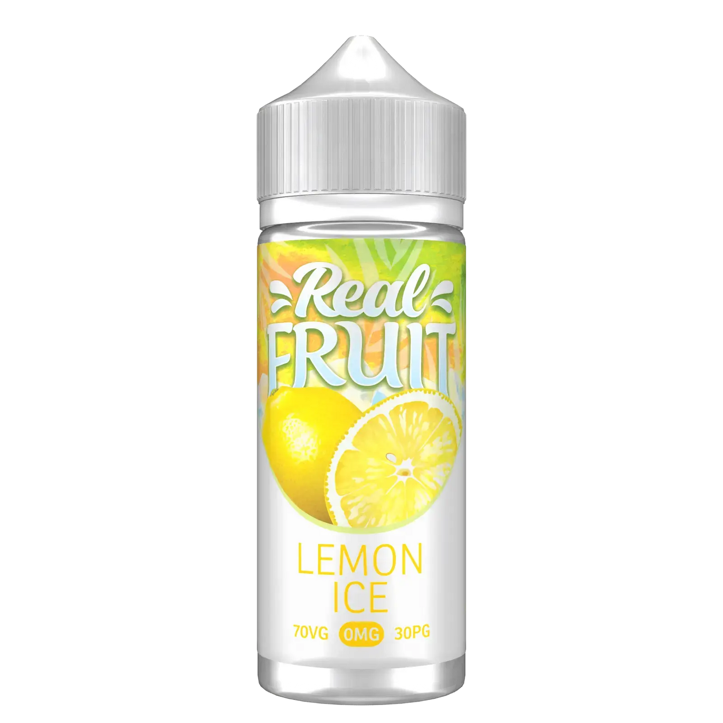 Bottle of Real Fruit Lemon Ice e-liquid with 70VG 30PG and 0mg nicotine on label