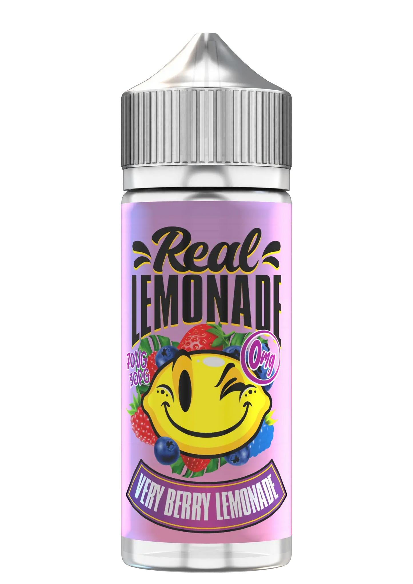 Bottle of Real Lemonade Very Berry Lemonade e-liquid with colorful berry graphics and winking lemon logo