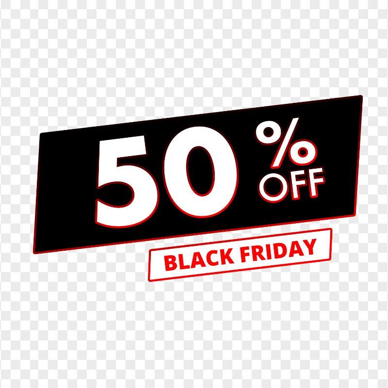 Black Friday 50% off discount sale sign with bold white and red text on black background