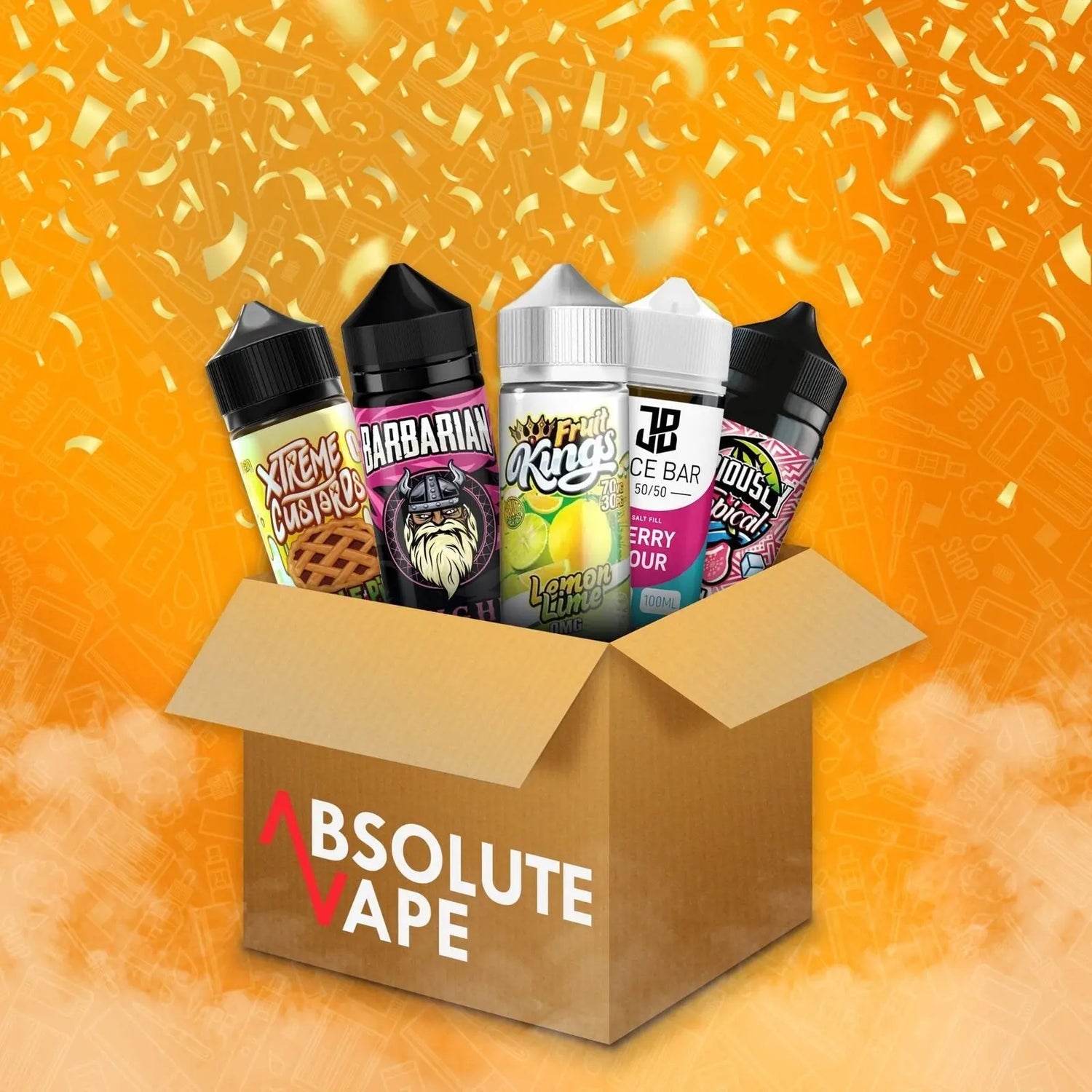 Box of Absolute Vape with assorted vape juice bottles on orange confetti background