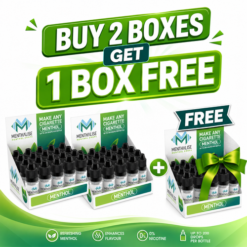 Promotional graphic for Menthuse disposable vape boxes showing a buy-2-get-1-free offer. The image features three white display boxes of Menthol e-liquid vapes, with two regular boxes and one gift box tied with a green ribbon, under a large green banner reading 'BUY 2 BOXES GET 1 BOX FREE'.