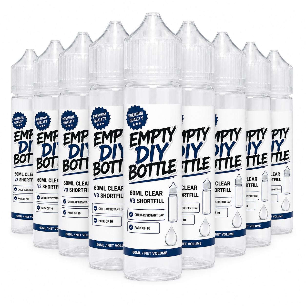 60ml Empty DIY Bottle - V3 shortfill style, pack of 10, child-resistant cap - Absolute Vape